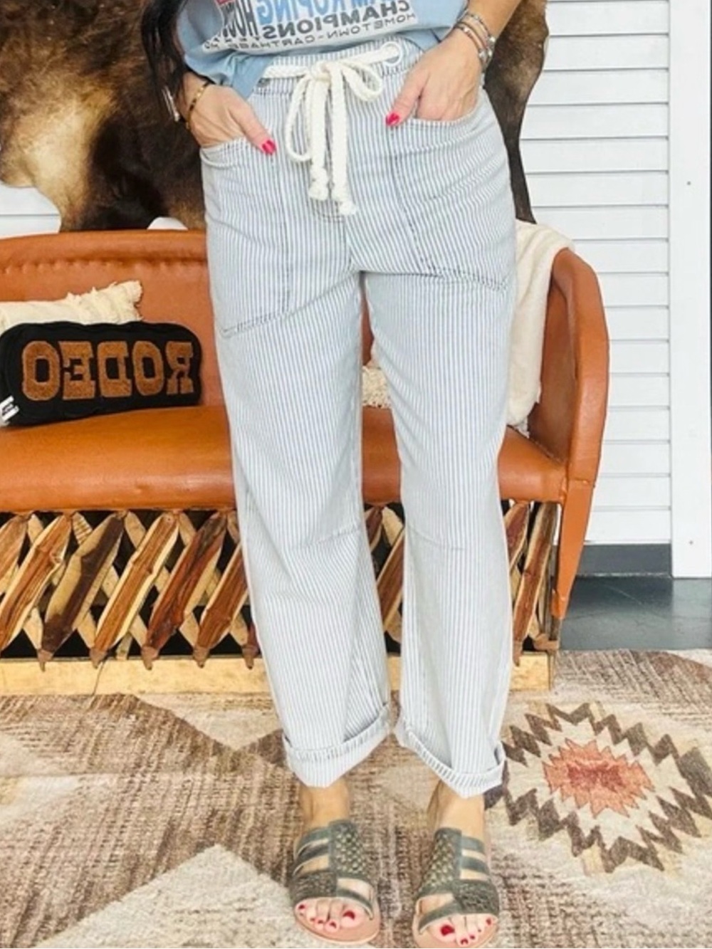 J.O.A. Rhea Stripe Soft Cotton Denim barrel leg Pant Sz Small Coastal sz S - Picture 4 of 16